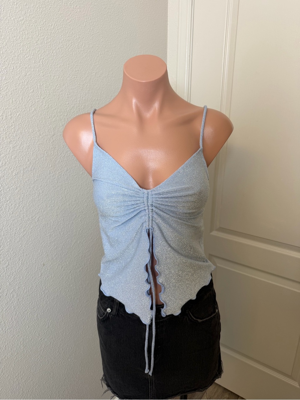 H&M Light Blue Ruched Front Spaghetti Strap Tank Top Sz S